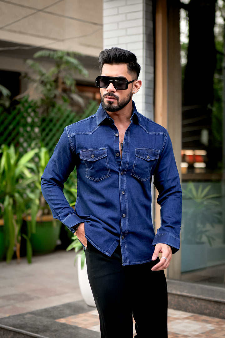 Blue Denim Double Pocket Full Sleeve Shirt