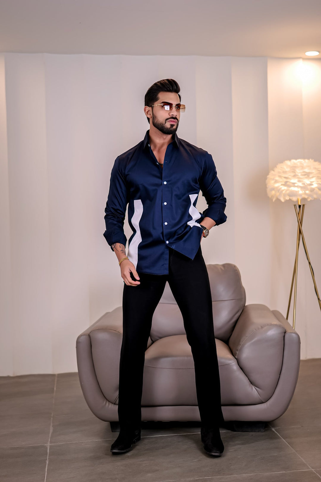 Navy-White Premium Satin Designer Shirt