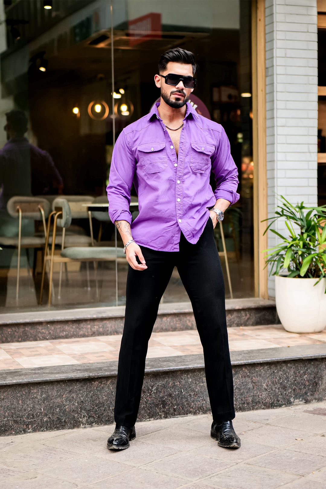 Purple Double Pocket Full Sleeve RFD Cotton Shirt