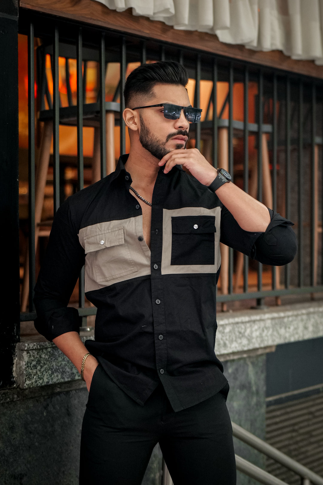 Black-Grey Double Pocket Cotton Designer Shirt