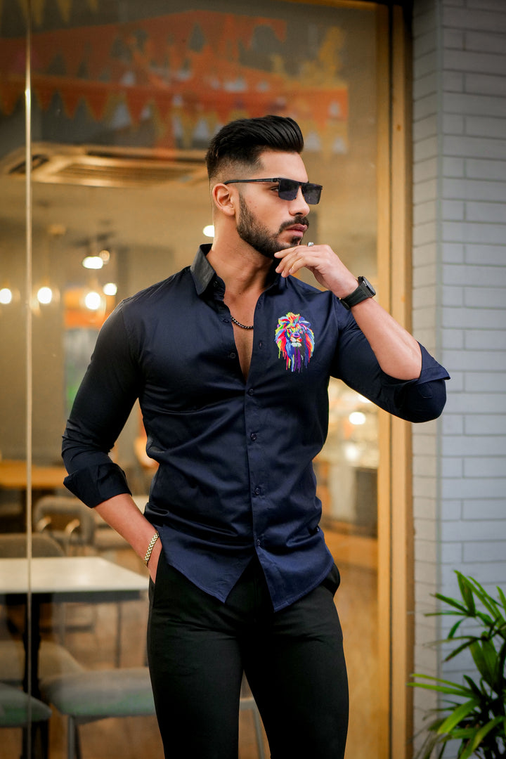 Navy Club Wear Lion Printed Satin Cotton Shirt