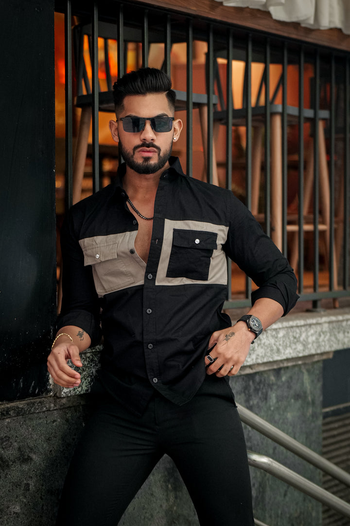 Black-Grey Double Pocket Cotton Designer Shirt