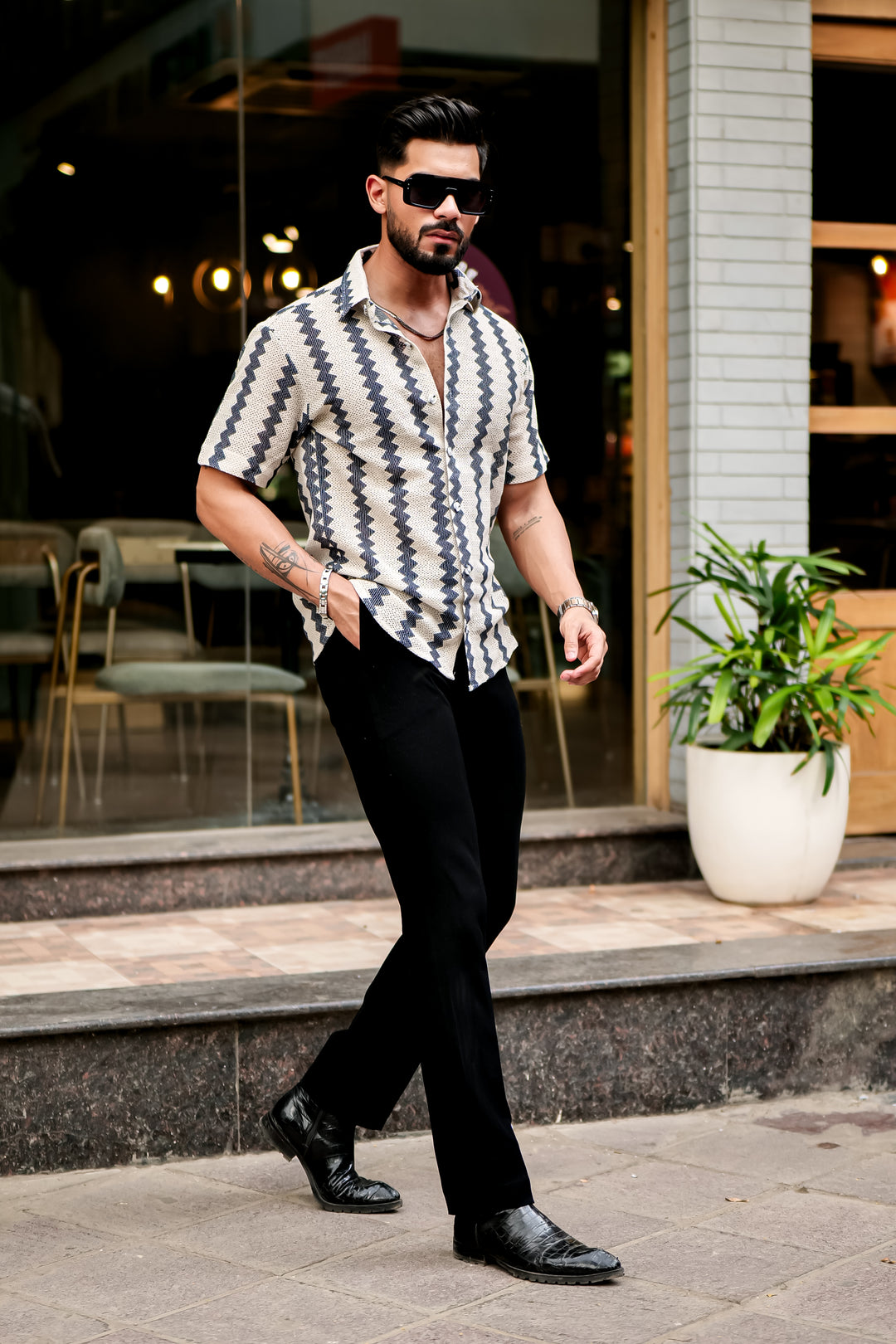 Navy Zig-Zag Stripe Crochet Shirt