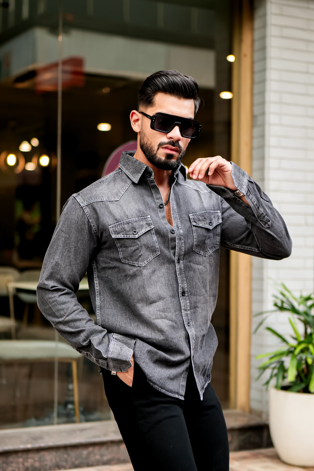 Black Denim Double Pocket Full Sleeve Shirt