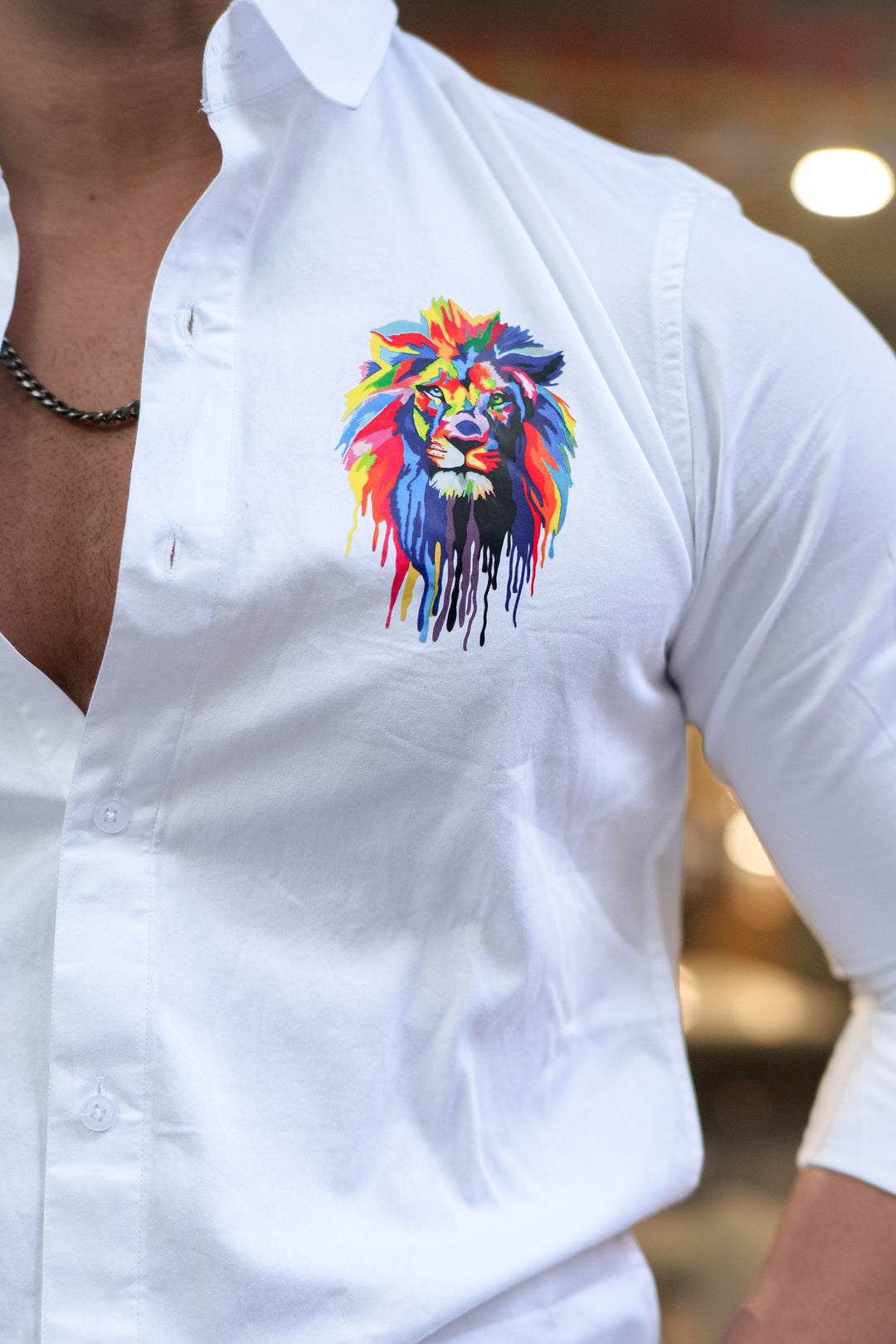 White Club Wear Lion Printed Satin Cotton Shirt