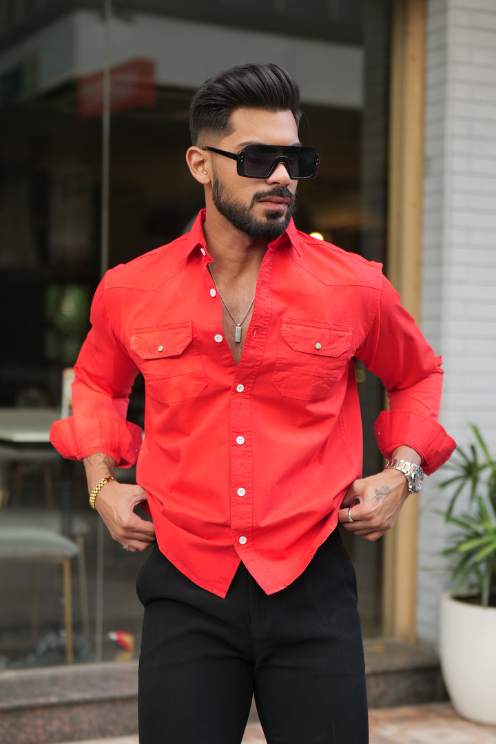 Red Double Pocket Full Sleeve RFD Cotton Shirt