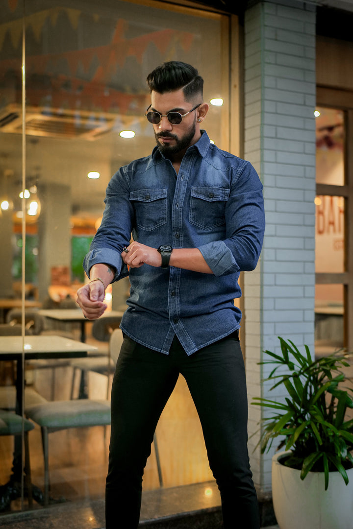 Blue Denim Double Pocket Full Sleeve Shirt