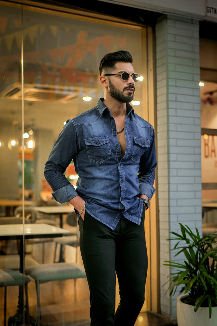 Blue Denim Double Pocket Full Sleeve Shirt