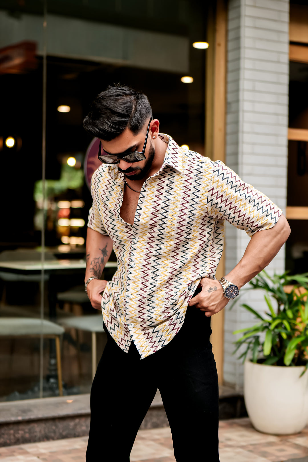 Yellow Zig-Zag Stripe Crochet Shirt