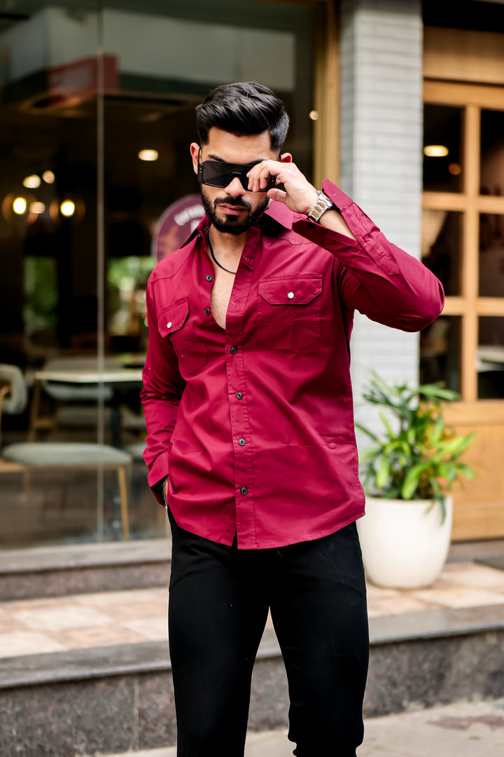 Wine Double Pocket Full Sleeve RFD Cotton Shirt