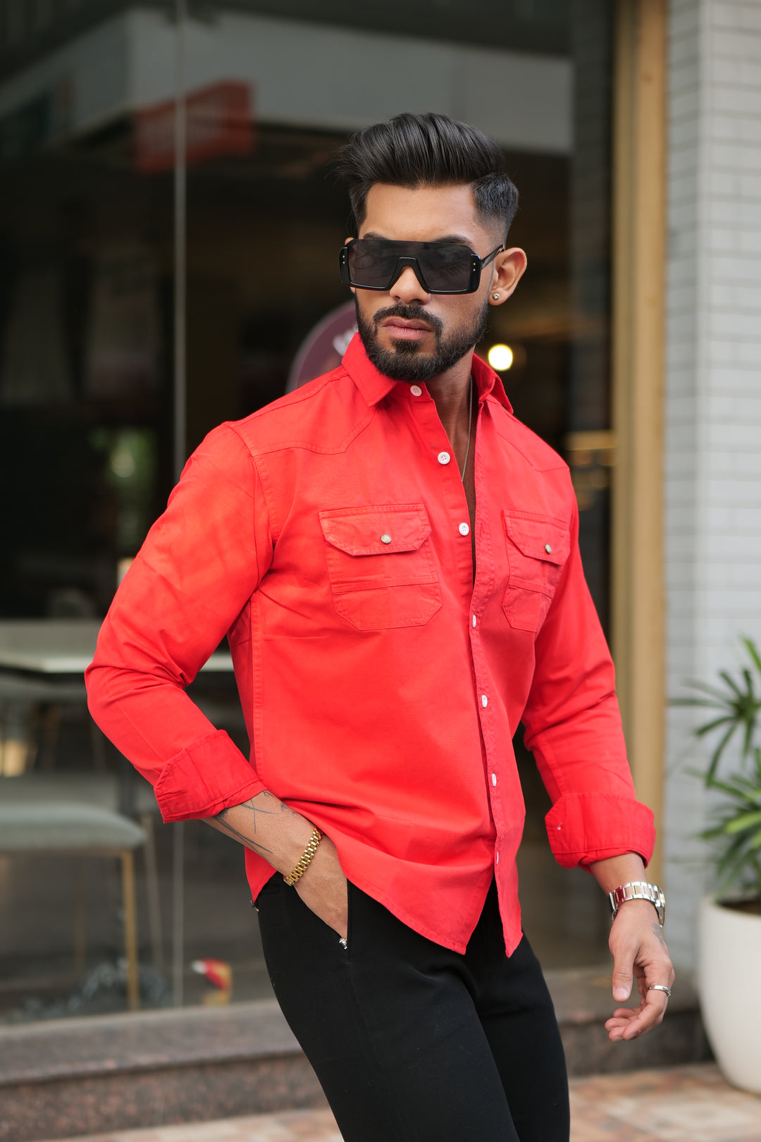 Red Double Pocket Full Sleeve RFD Cotton Shirt