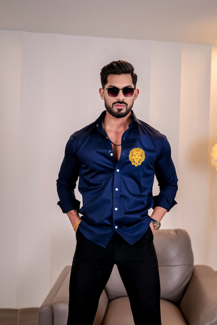 Navy lion embroidery premium satin cotton shirt