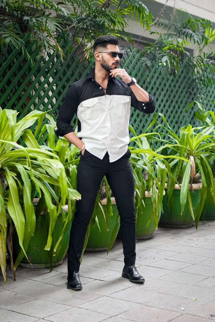 Black White Double Pocket Cotton Designer Shirt