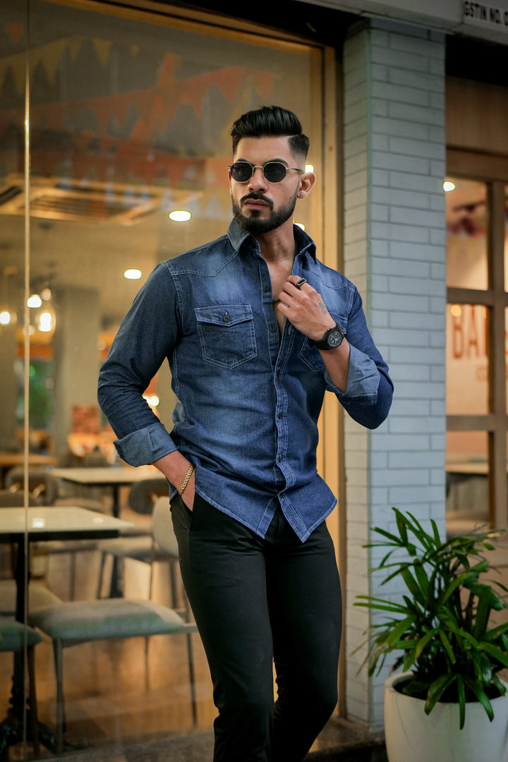 Blue Denim Double Pocket Full Sleeve Shirt