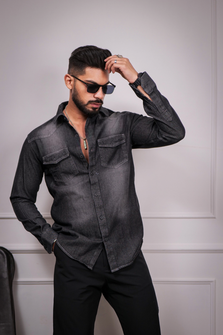 Black Denim Double Pocket Full Sleeve Shirt