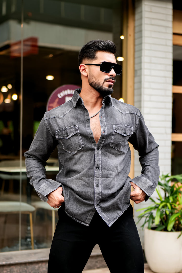 Black Denim Double Pocket Full Sleeve Shirt