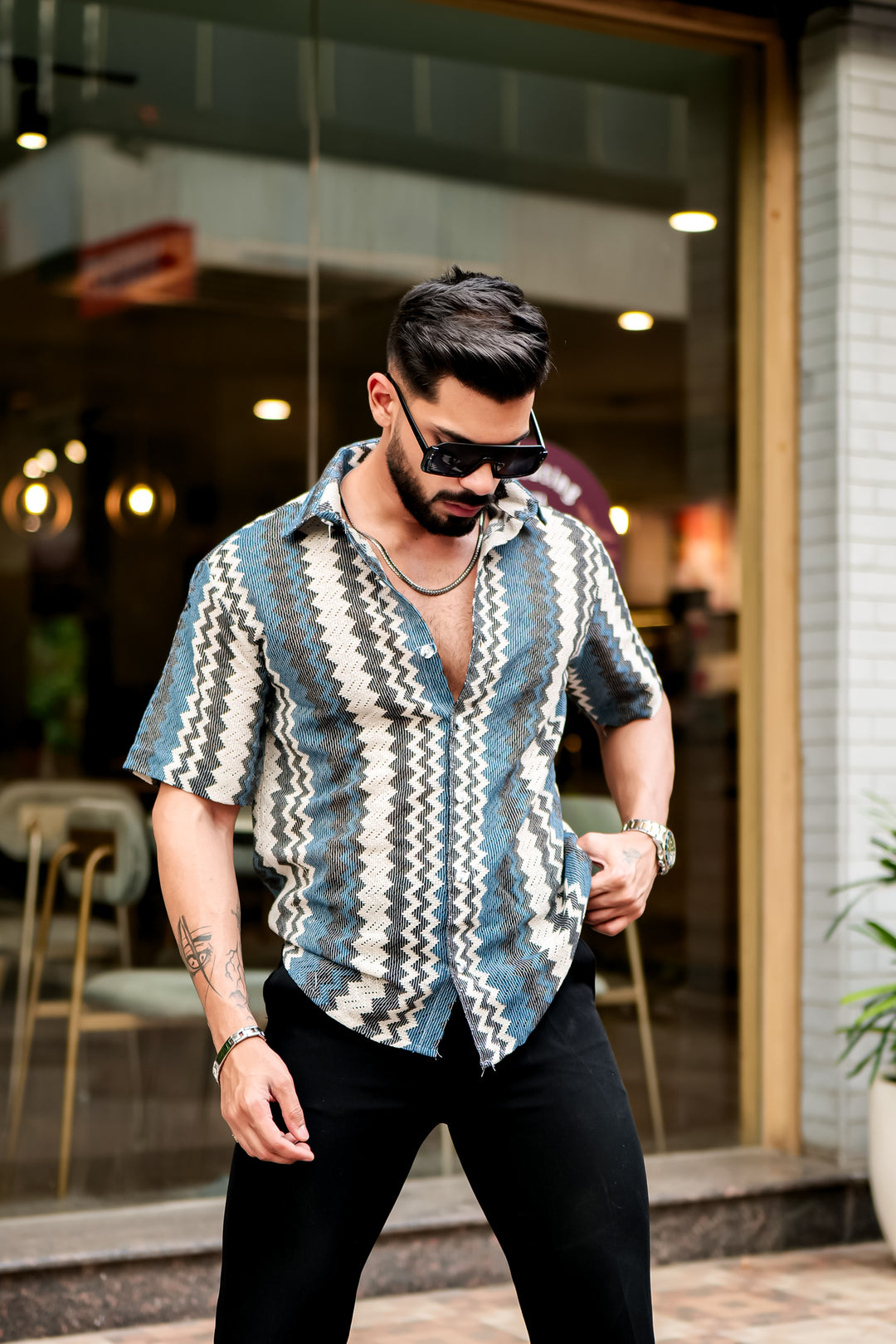 Blue Zig-Zag Stripe Crochet Shirt