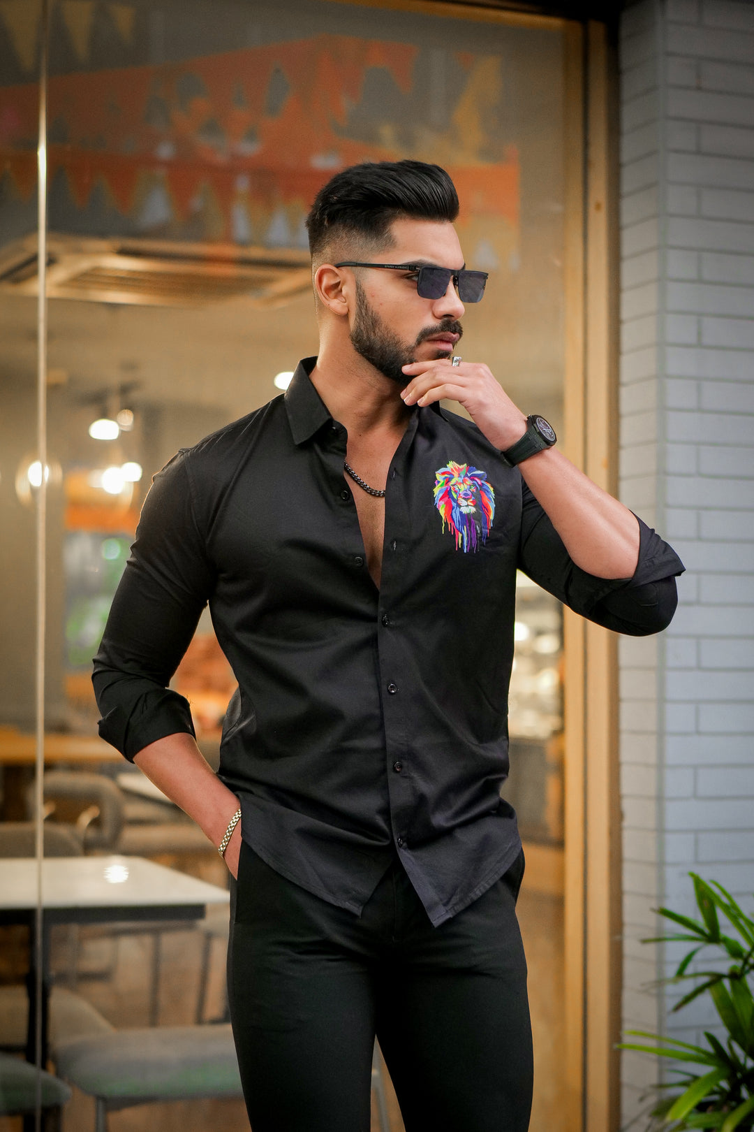 Black Club Wear Lion Printed Satin Cotton Shirt