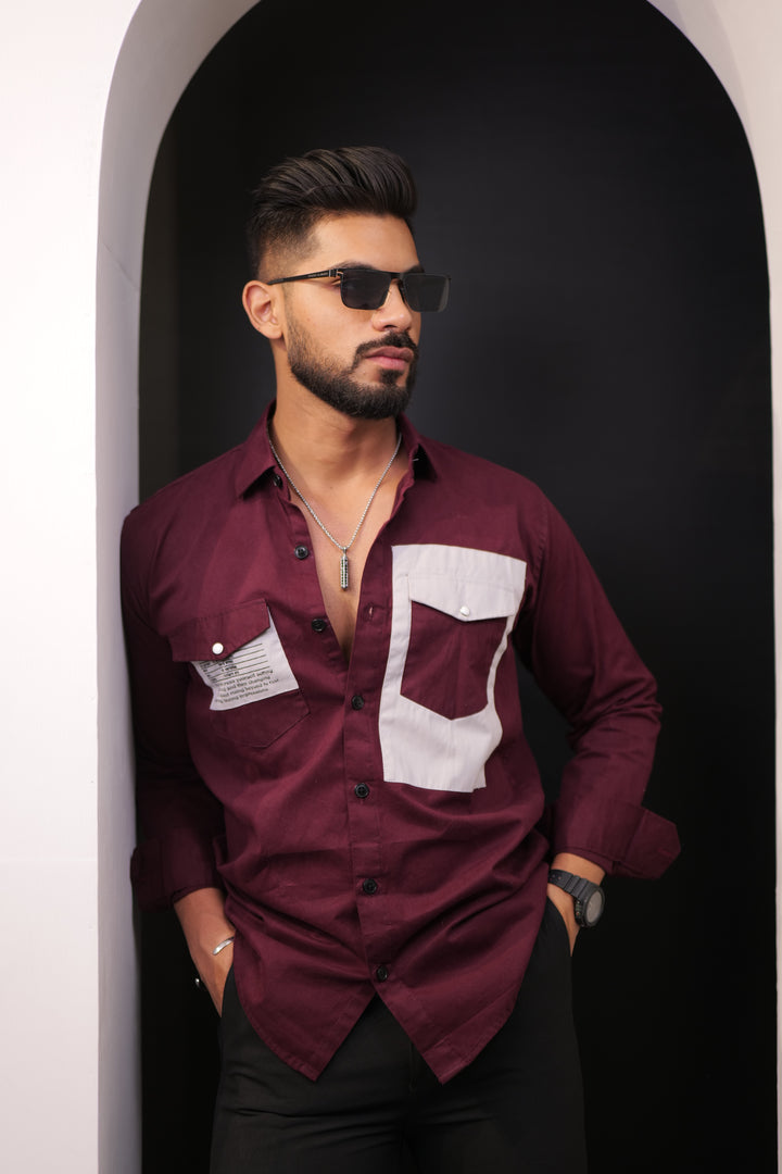 Wine-Grey Double Pocket Full Sleeve Shirt