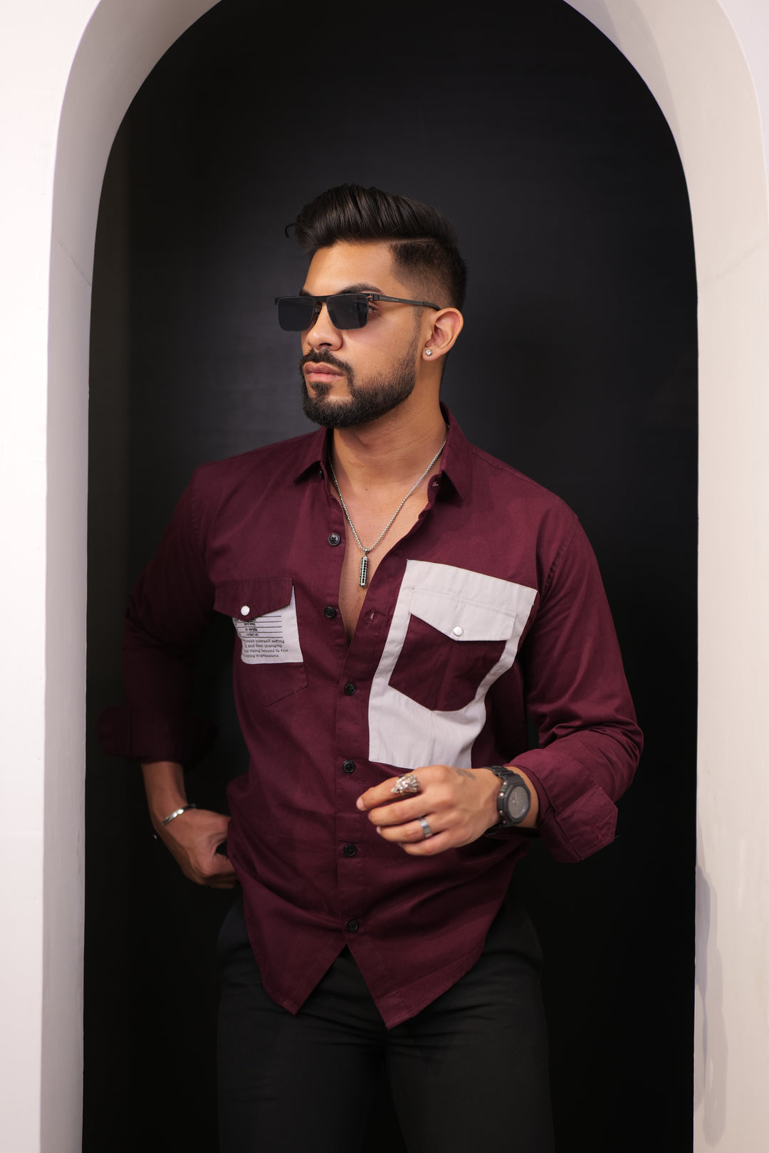 Wine-Grey Double Pocket Full Sleeve Shirt