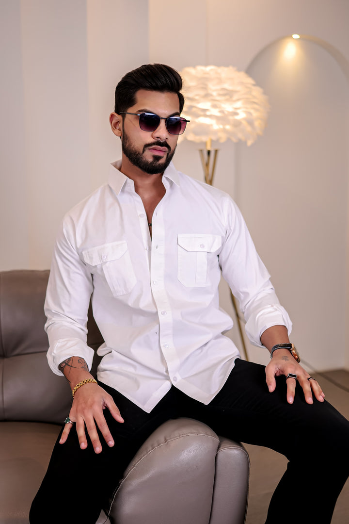 White Plain Double Pocket Full Sleeve Shirt