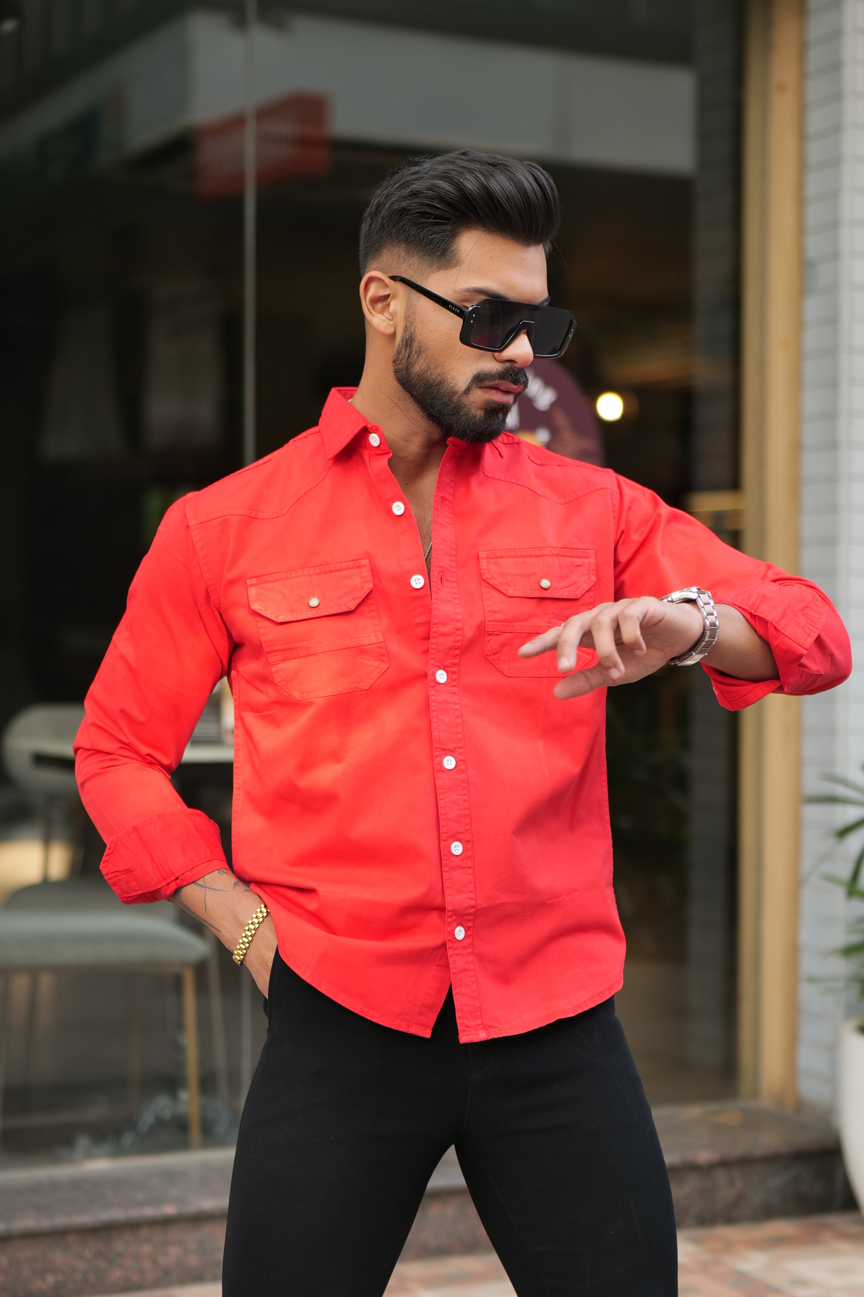 Red Double Pocket Full Sleeve RFD Cotton Shirt Trrendo