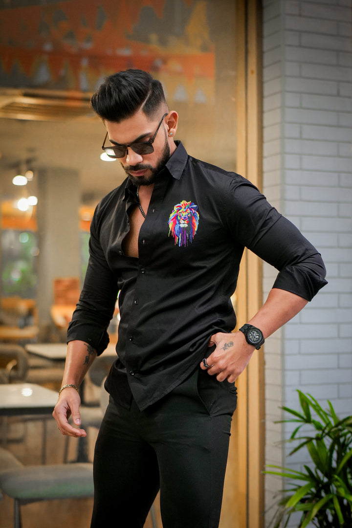 Black Club Wear Lion Printed Satin Cotton Shirt