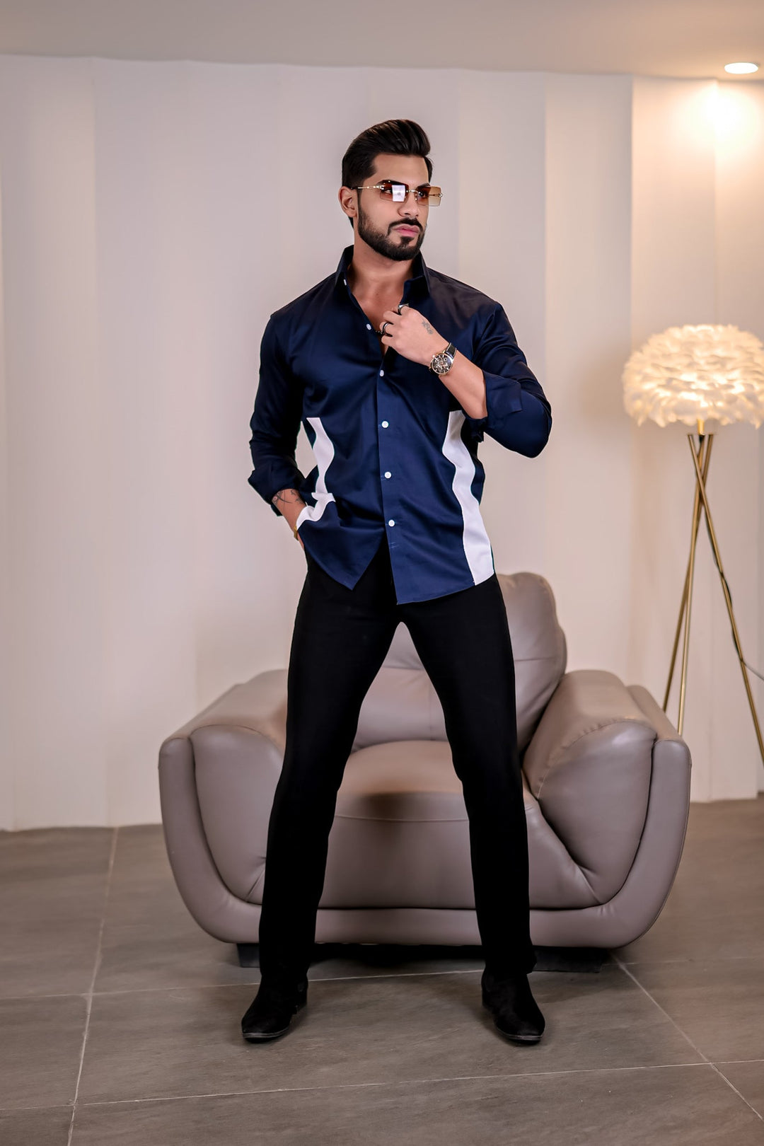 Navy-White Premium Satin Designer Shirt