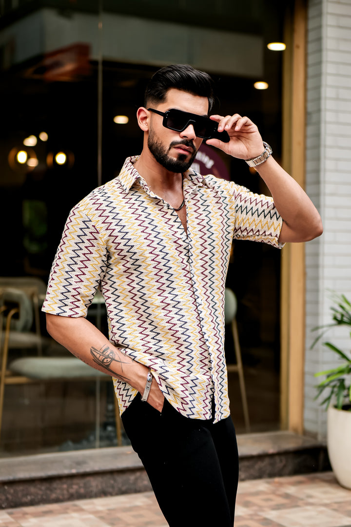 Yellow Zig-Zag Stripe Crochet Shirt