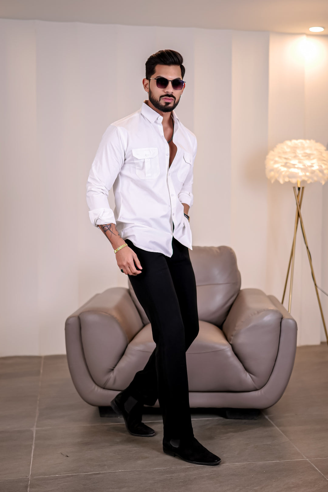 White Plain Double Pocket Full Sleeve Shirt