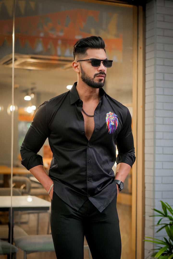 Black Club Wear Lion Printed Satin Cotton Shirt