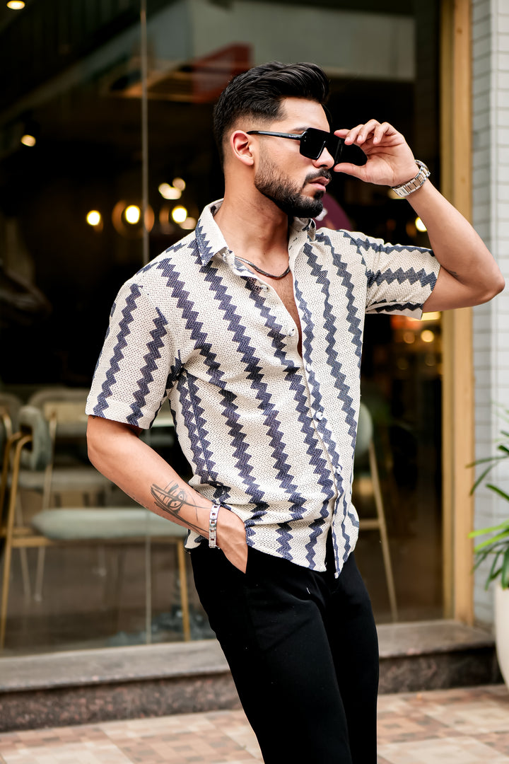 Navy Zig-Zag Stripe Crochet Shirt