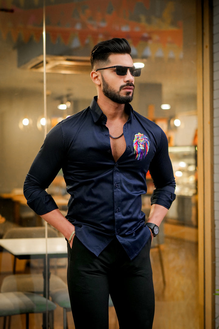 Navy Club Wear Lion Printed Satin Cotton Shirt