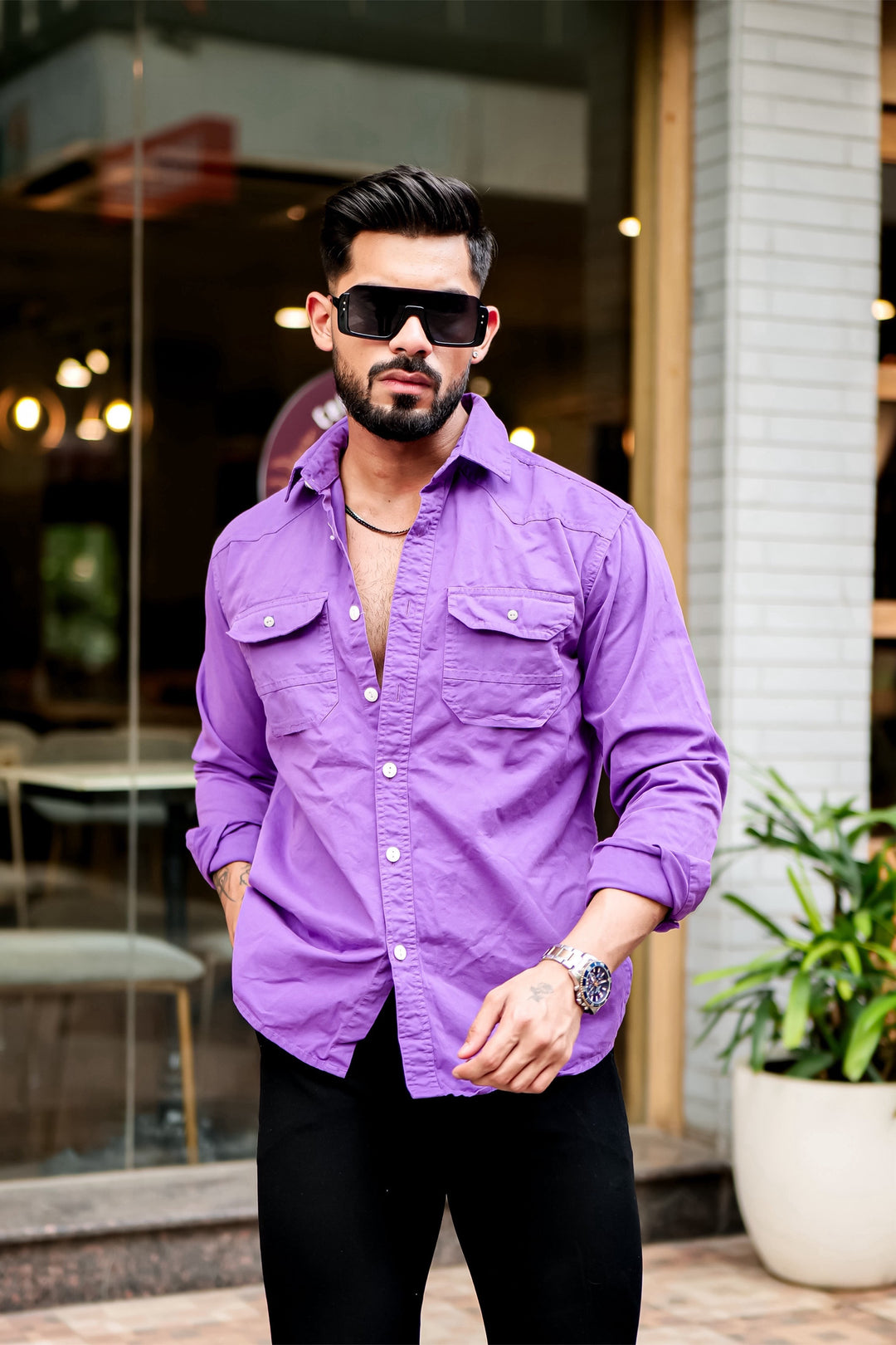 Purple Double Pocket Full Sleeve RFD Cotton Shirt