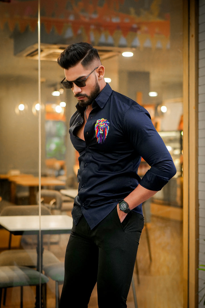 Navy Club Wear Lion Printed Satin Cotton Shirt