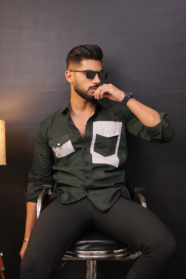 Dark Green-Grey Double Pocket Full Sleeve Shirt