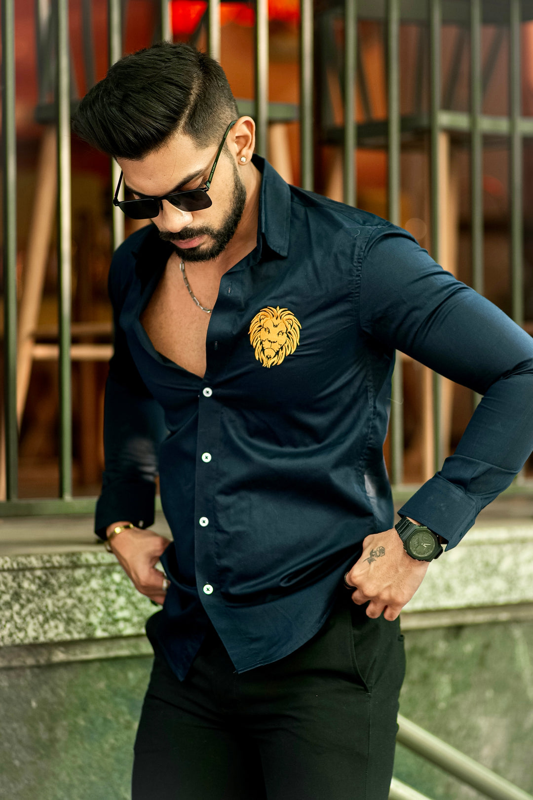 Navy lion embroidery premium satin cotton shirt