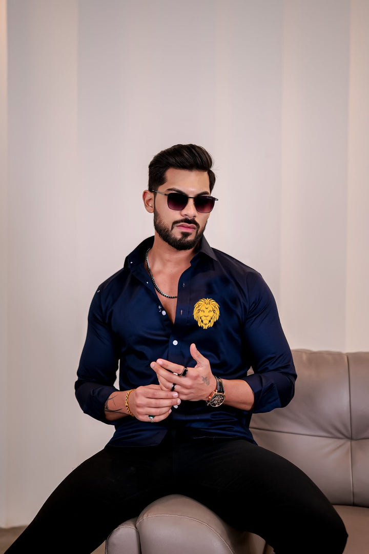 Navy lion embroidery premium satin cotton shirt