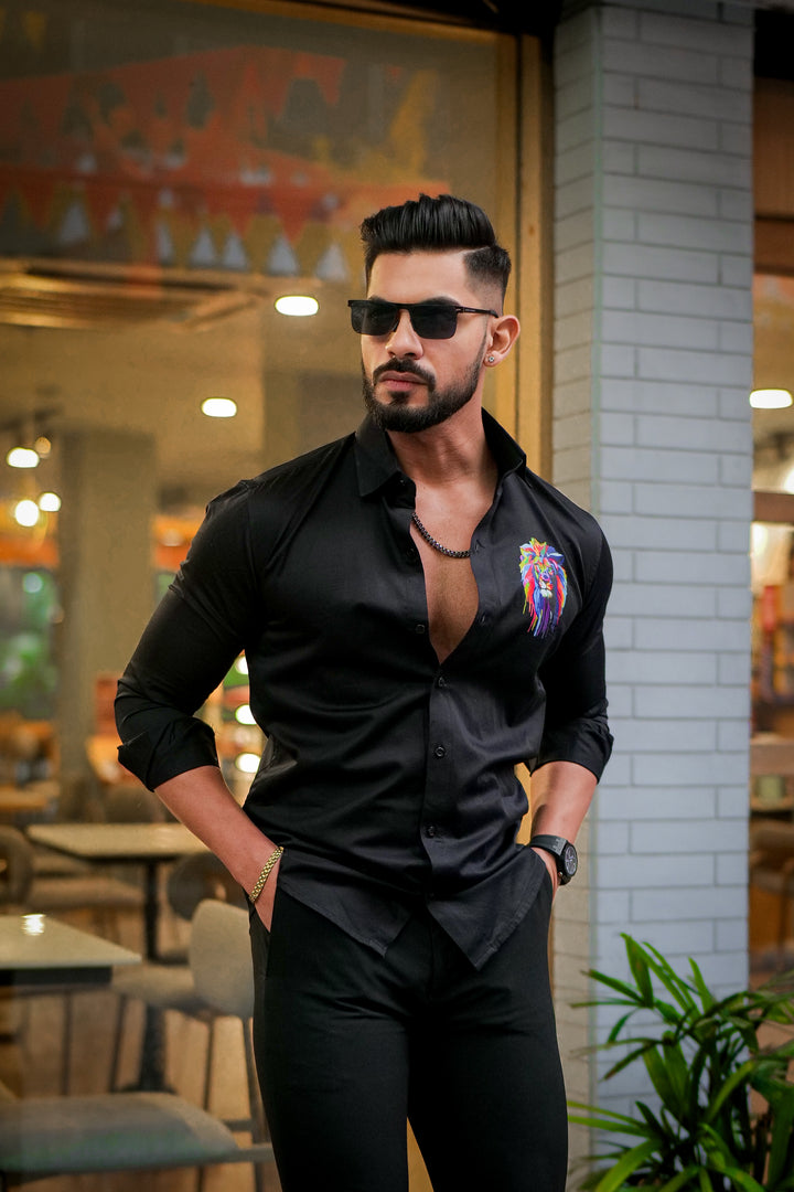 Black Club Wear Lion Printed Satin Cotton Shirt