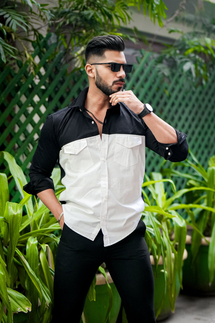 Black White Double Pocket Cotton Designer Shirt