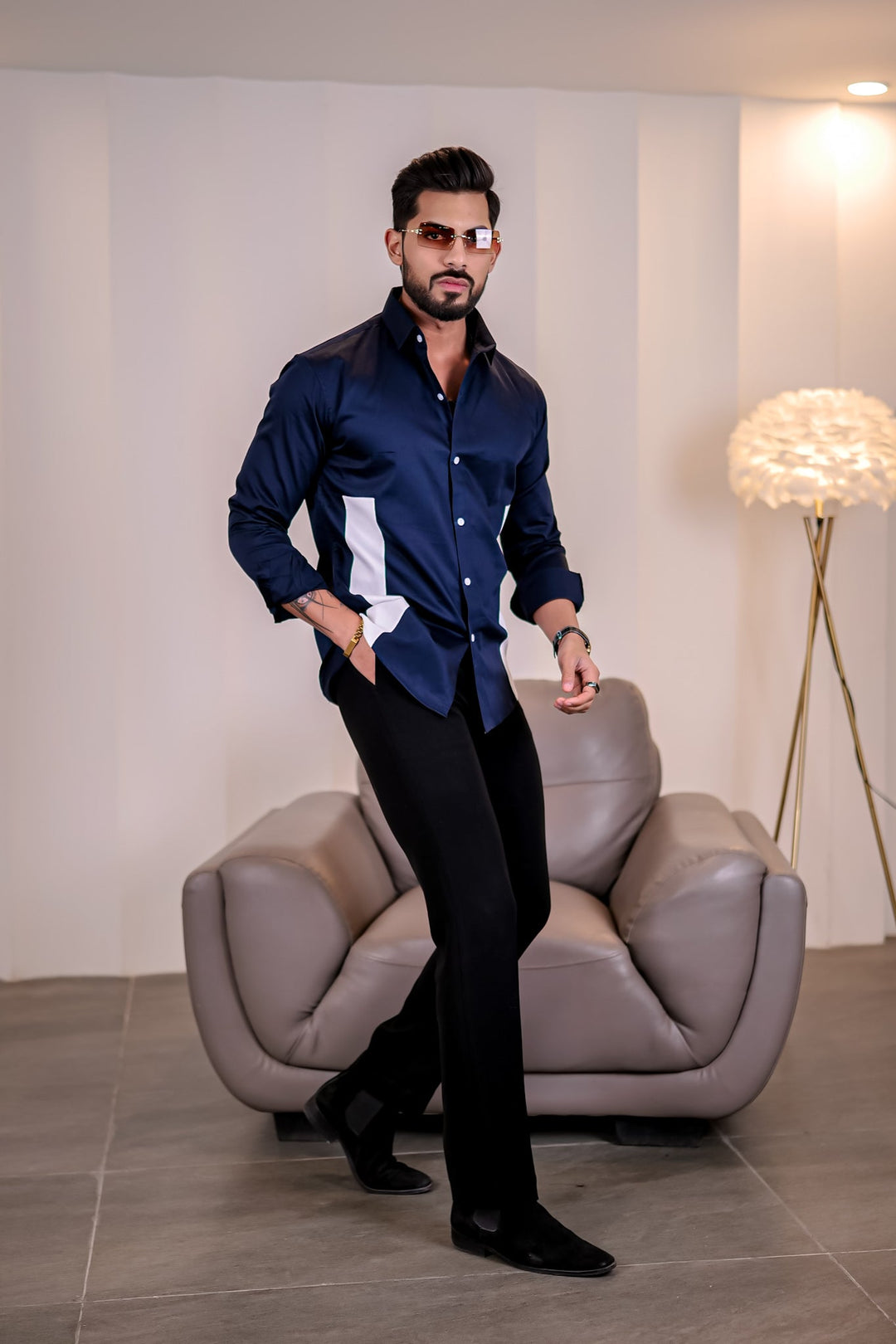 Navy-White Premium Satin Designer Shirt