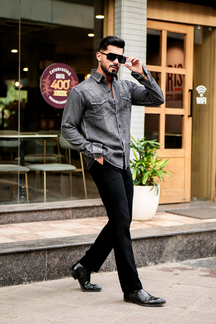 Black Denim Double Pocket Full Sleeve Shirt