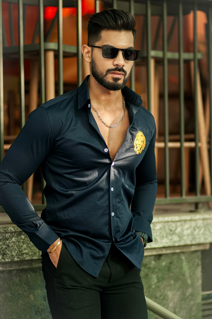 Navy lion embroidery premium satin cotton shirt