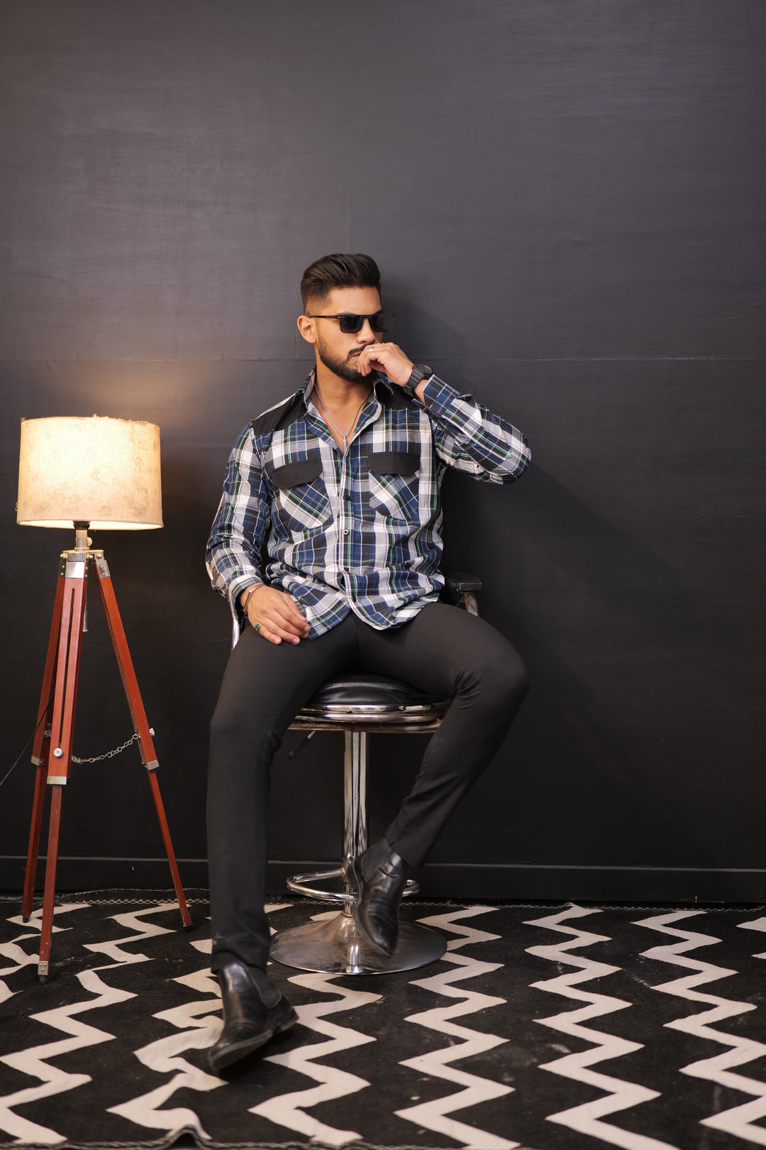 Blue Designer Double Pocket Full Sleeve Check Shirt