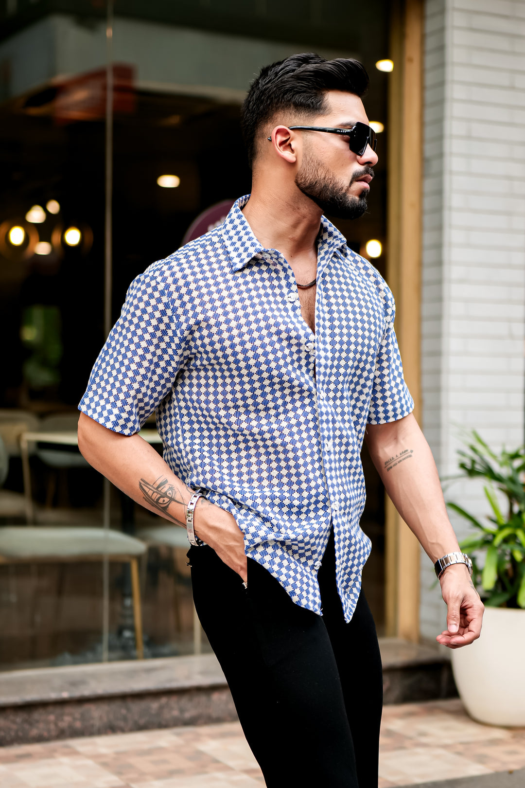 Blue dots Stripe Crochet Shirt