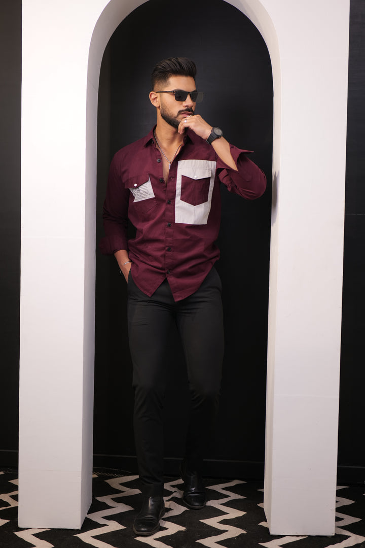 Wine-Grey Double Pocket Full Sleeve Shirt