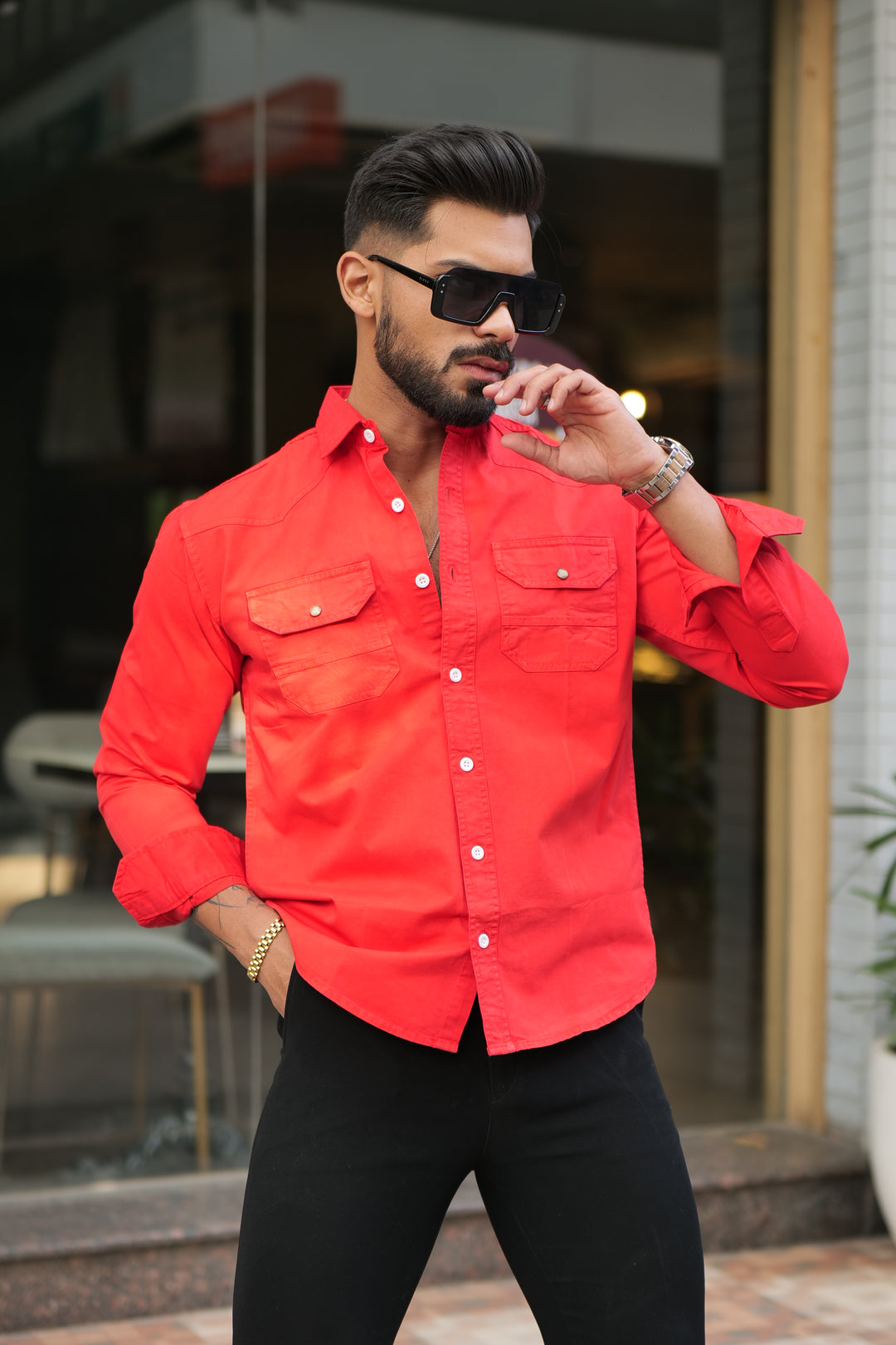 Red Double Pocket Full Sleeve RFD Cotton Shirt