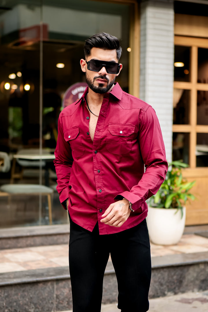 Wine Double Pocket Full Sleeve RFD Cotton Shirt