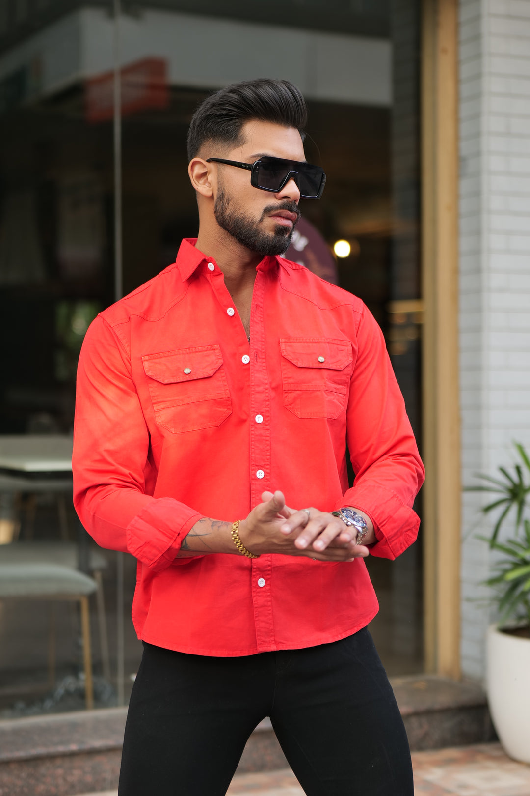 Red Double Pocket Full Sleeve RFD Cotton Shirt