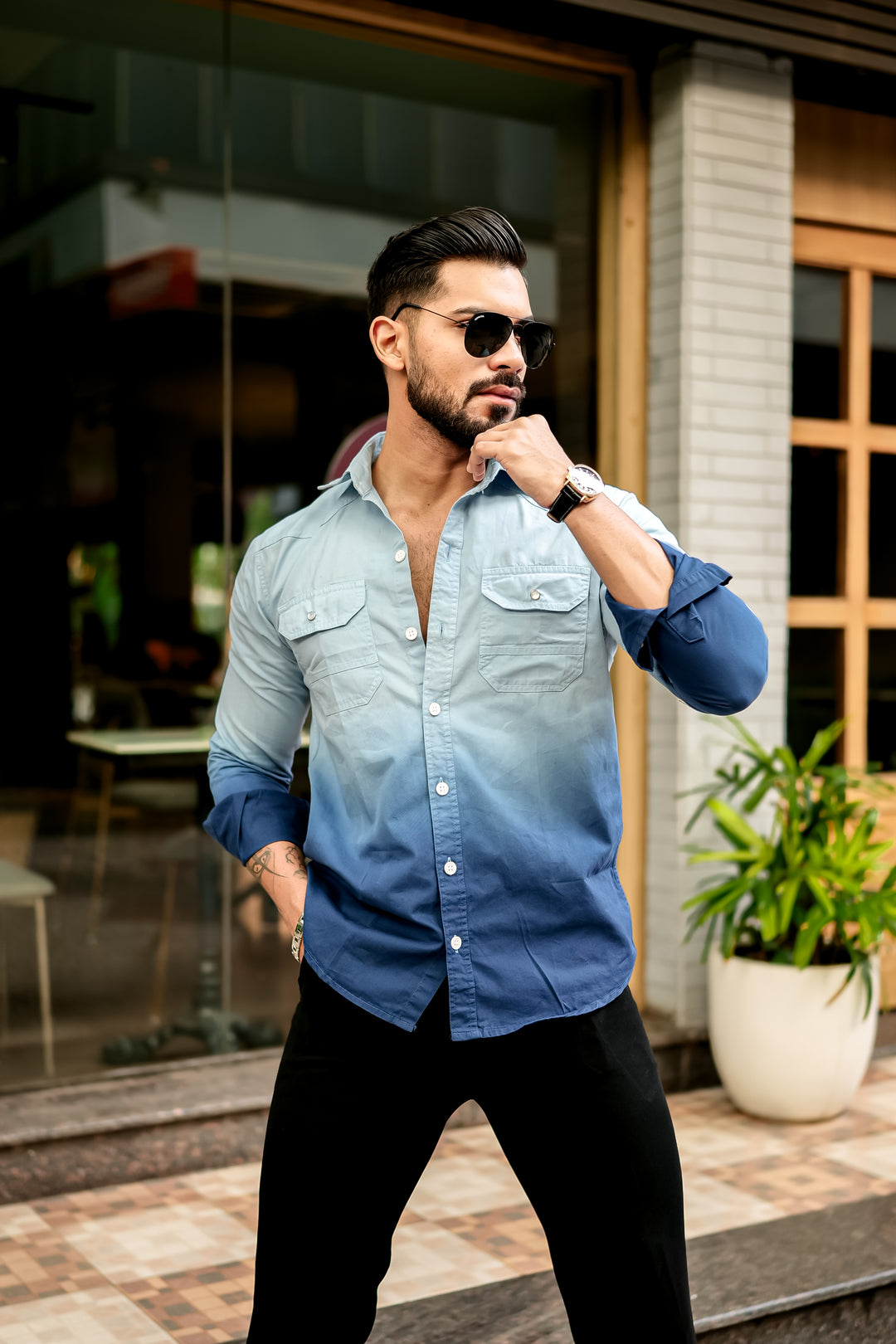 Sky Blue Double Shade Cotton RFD Designer Shirt